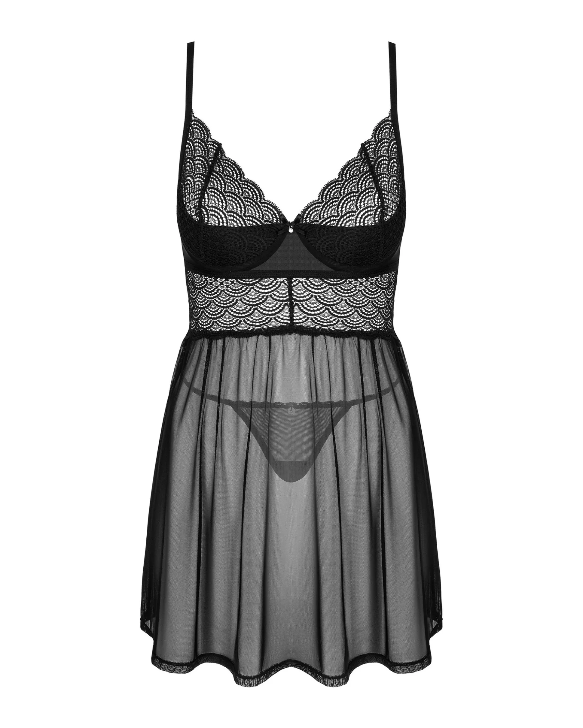 Czarna, prześwitująca babydoll i stringi
