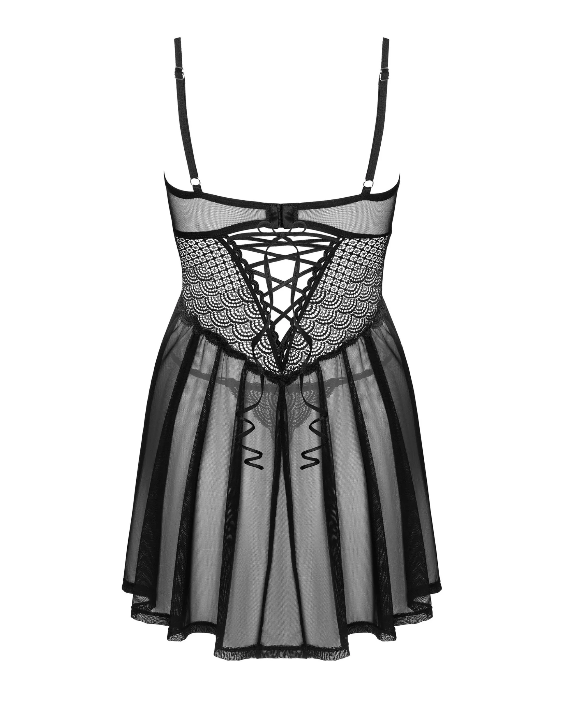 Czarna, prześwitująca babydoll i stringi