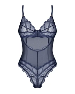 Niebieskie, otwarte body z koronki