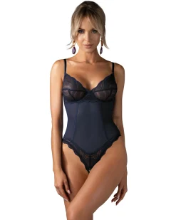 Niebieskie, otwarte body z koronki